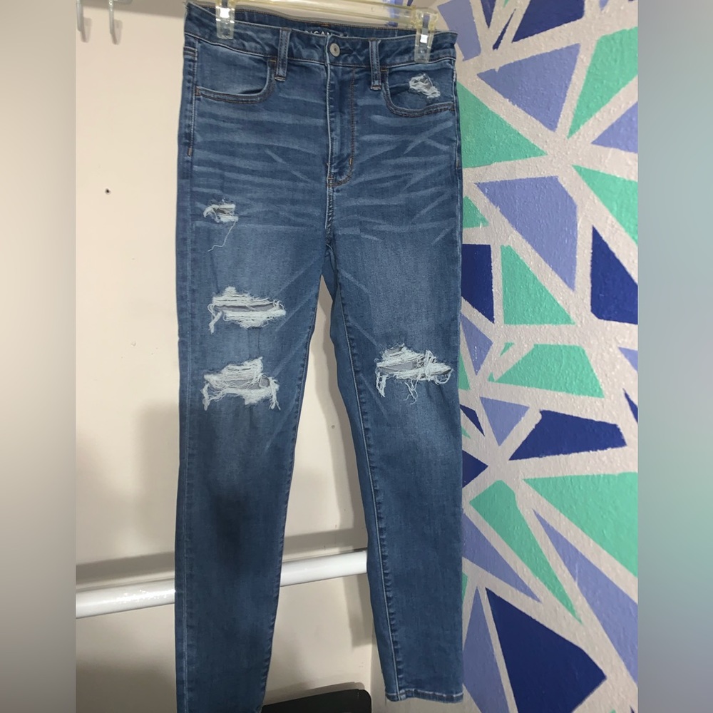 American Eagle jeans, distressed skinny jeans, and size 8 long.